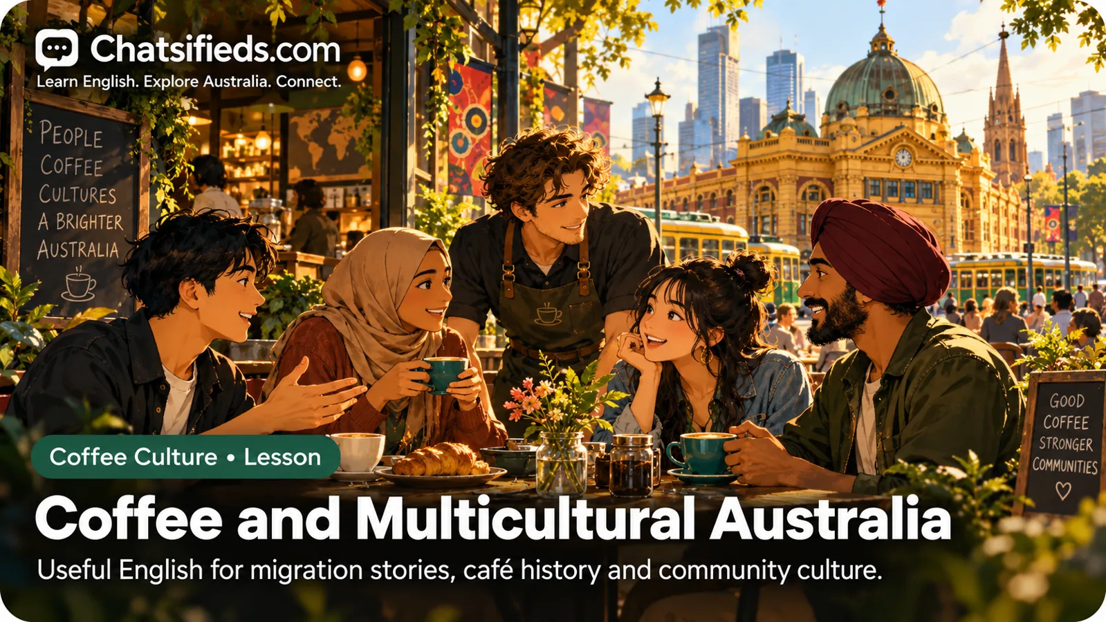 People from different cultural backgrounds sharing coffee and stories in a Melbourne café.