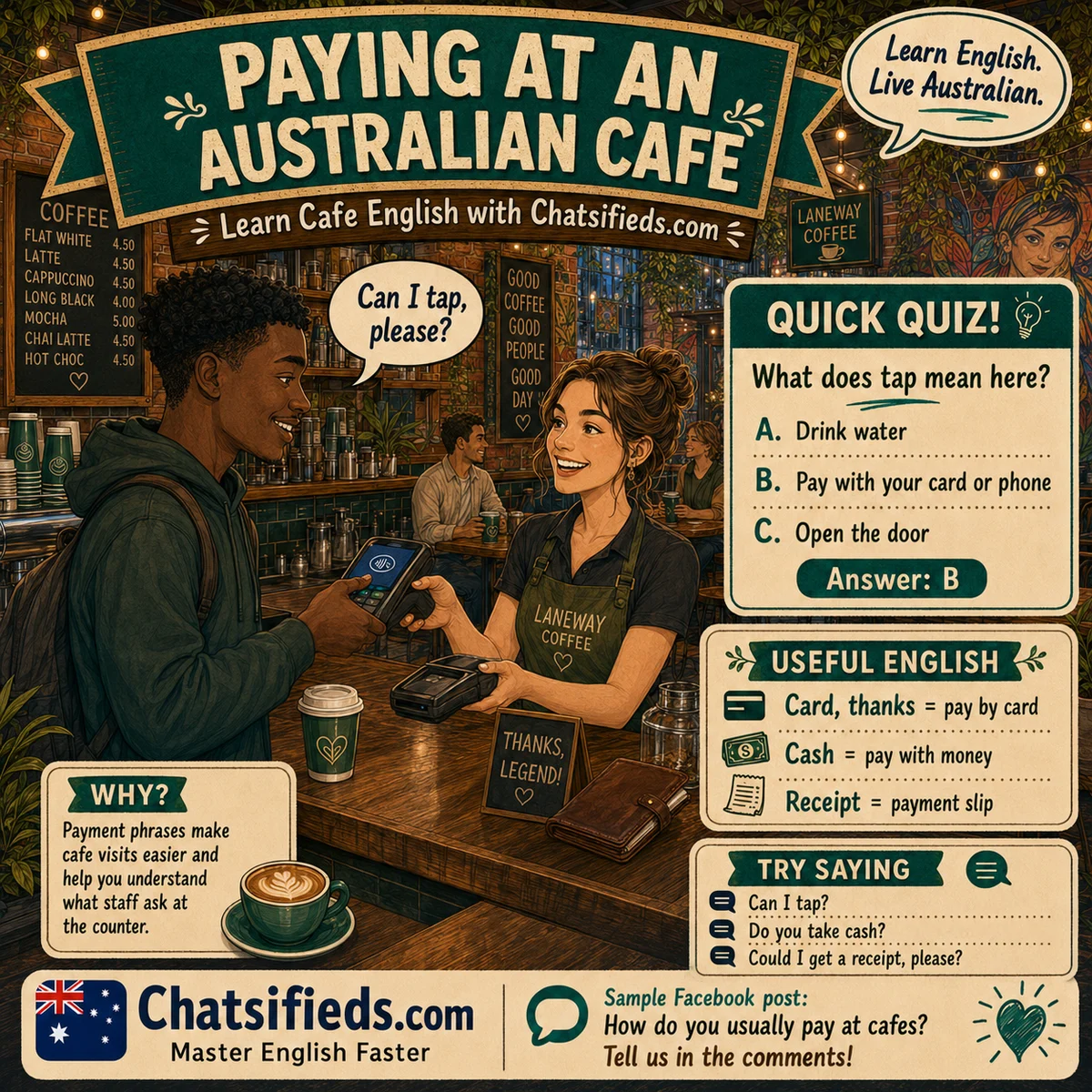 Chatsifieds.com Australian cafe English hero image showing an ESL learner paying by card and practising cash card tap and receipt phrases at a cafe