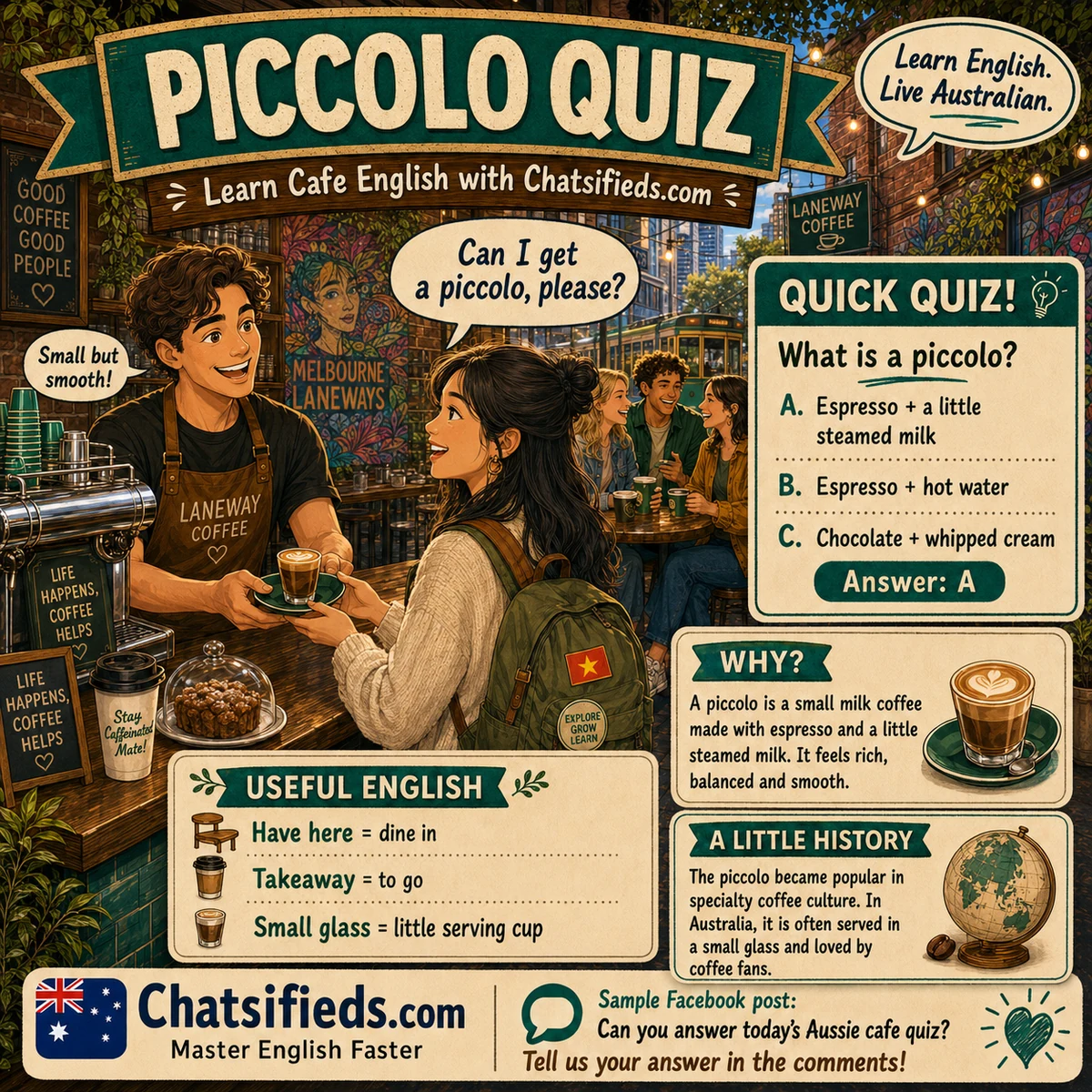 Piccolo quiz poster by Chatsifieds.com showing a Vietnamese international student ordering a piccolo in a Melbourne cafe for ESL cafe English practice