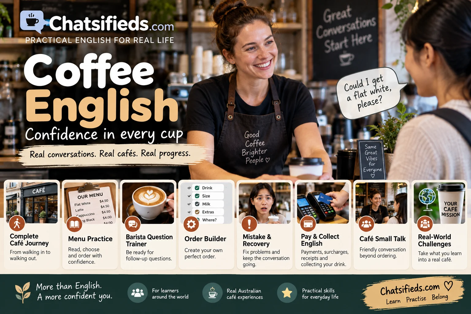 Chatsifieds.com Coffee English hero showing a learner practising a complete Australian café experience with a friendly barista.