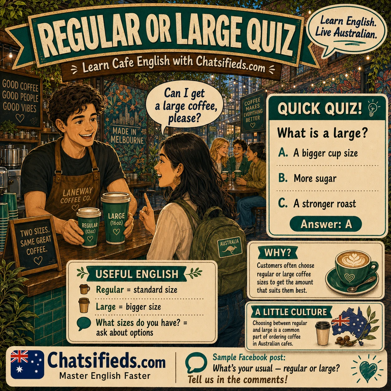 Regular or Large Coffee Size Quiz by Chatsifieds.com teaching Australian cafe English, coffee size vocabulary, and ordering phrases