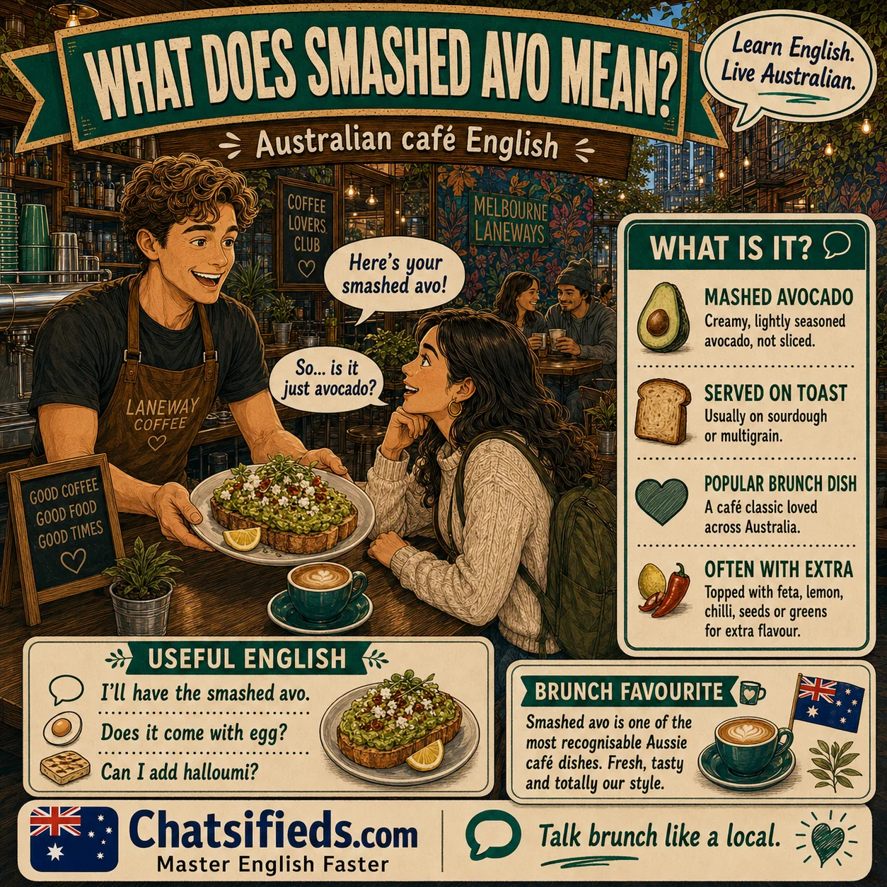 Chatsifieds illustrated Australian café English guide for English learners: What Does Smashed Avo Mean? Australian Cafe English.
