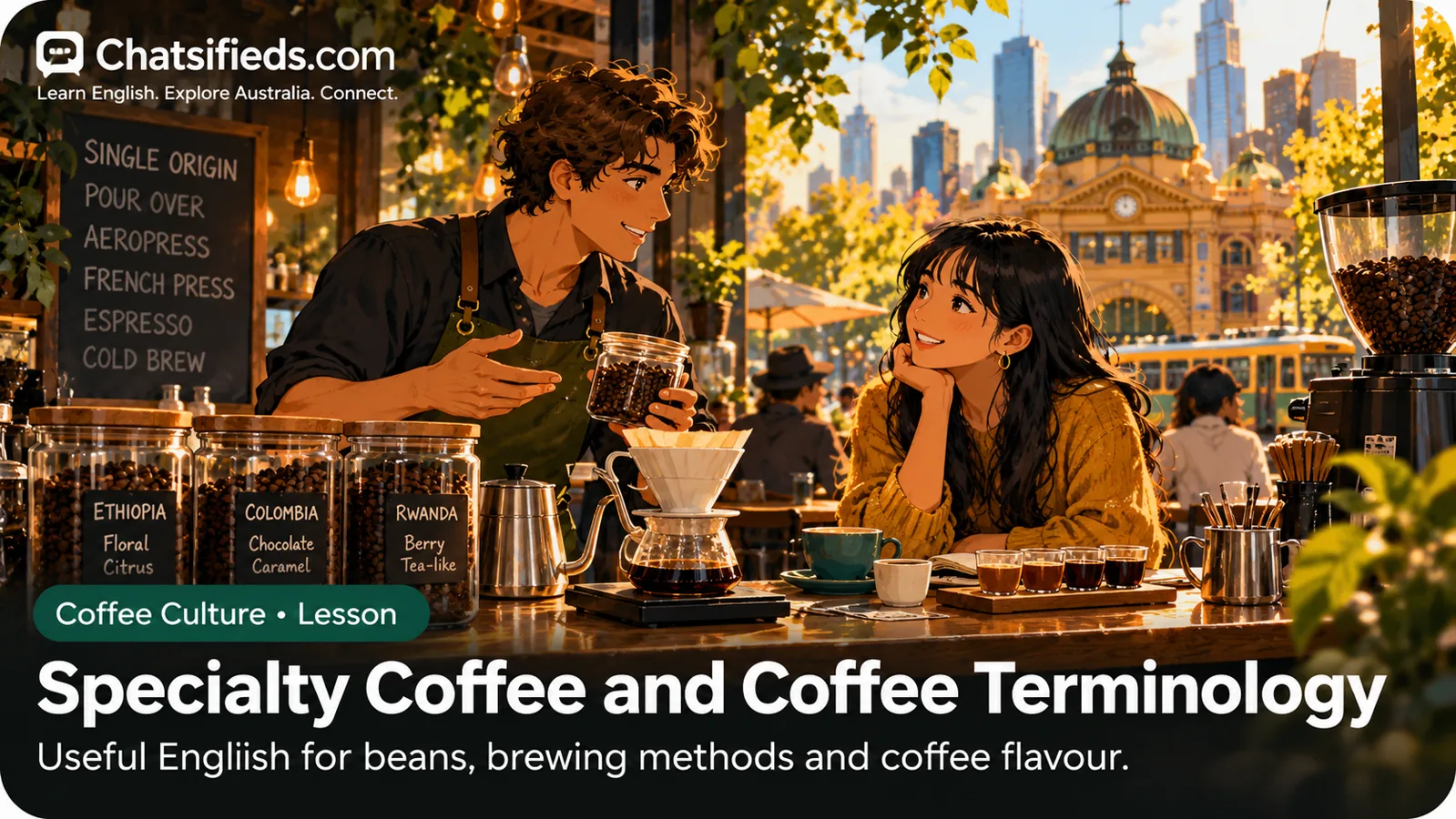 Barista discussing specialty coffee beans, origins and pour-over brewing with a customer in Melbourne.