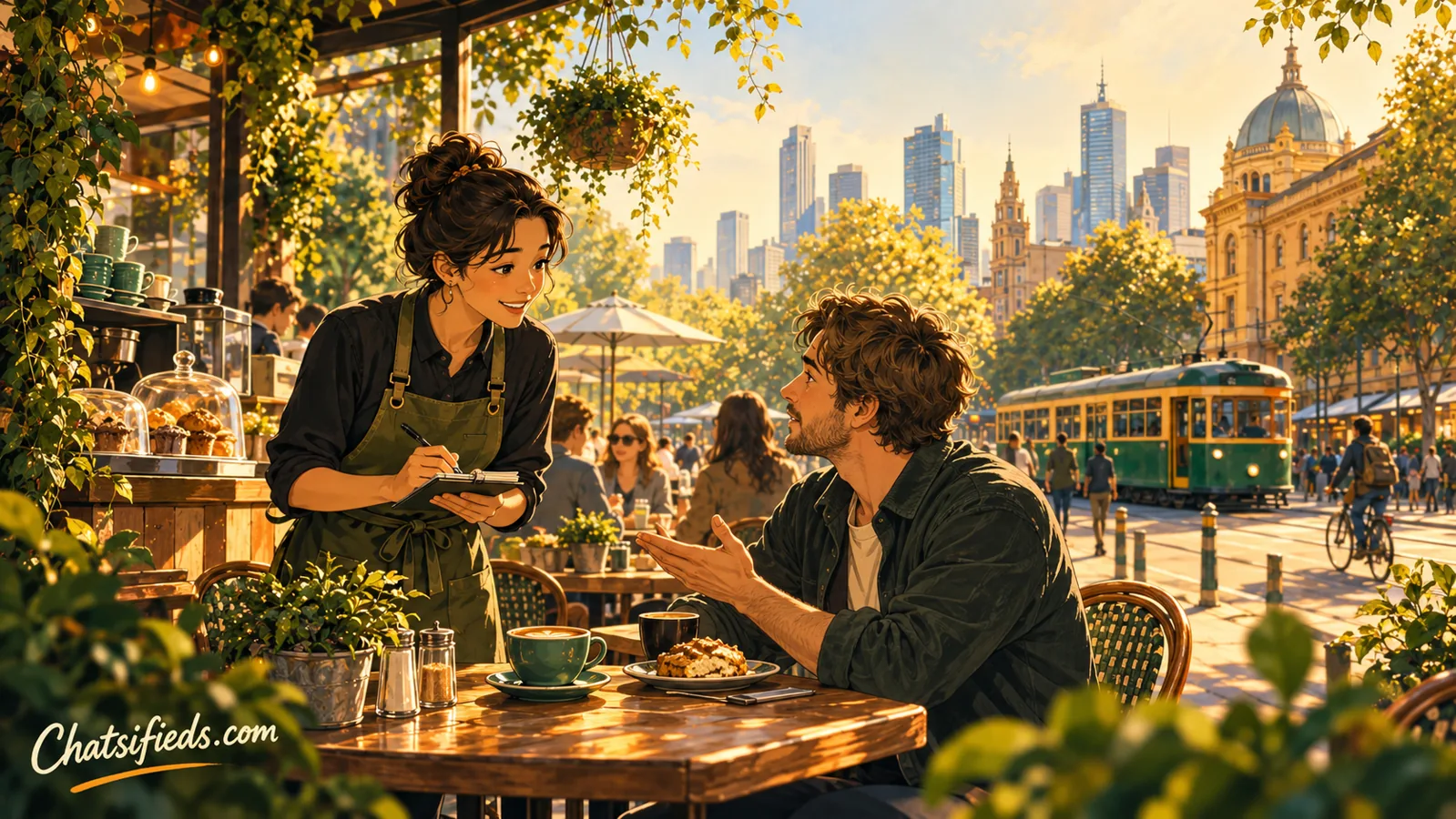 Melbourne café employee writing down a customer's coffee order while confirming their drink choice.