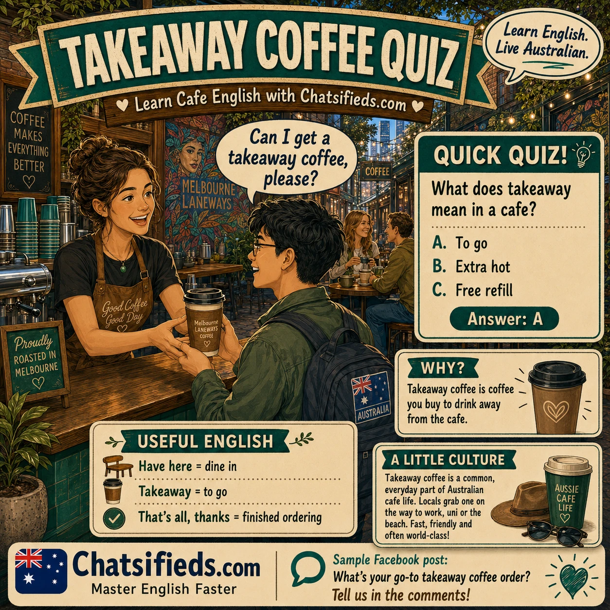 Takeaway Coffee Quiz by Chatsifieds.com teaching Australian cafe English, takeaway coffee meaning, and how to order coffee to go in Australia