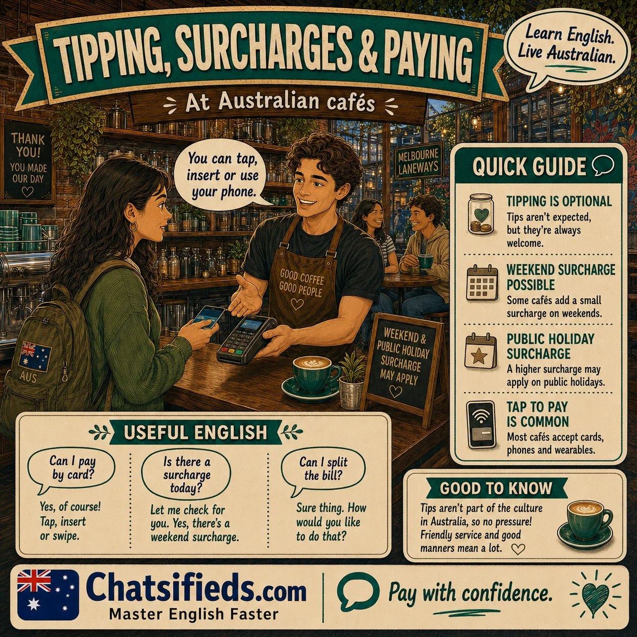Chatsifieds illustrated Australian café English guide for English learners: Tipping, Surcharges and Paying at Australian Cafes.