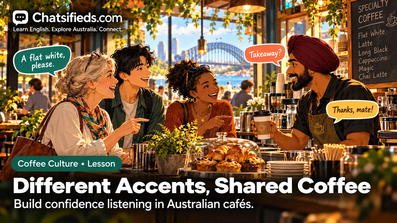 Chatsifieds illustration of diverse café customers and a barista chatting with colourful speech bubbles.