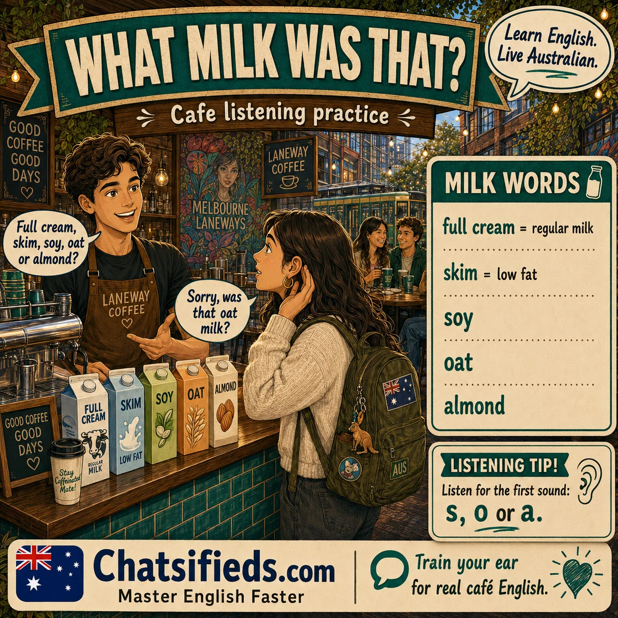 Chatsifieds illustrated Australian café English guide for English learners: What Milk Was That? Cafe Listening Practice.