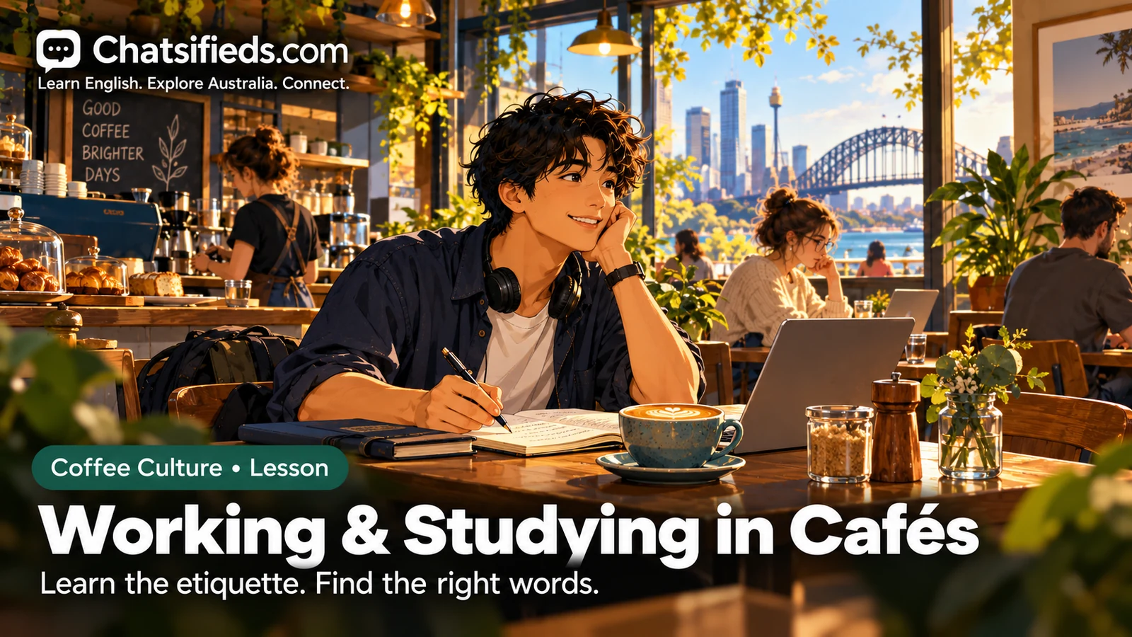 Chatsifieds illustration of a student with a laptop, notebook and flat white in a relaxed Australian café.
