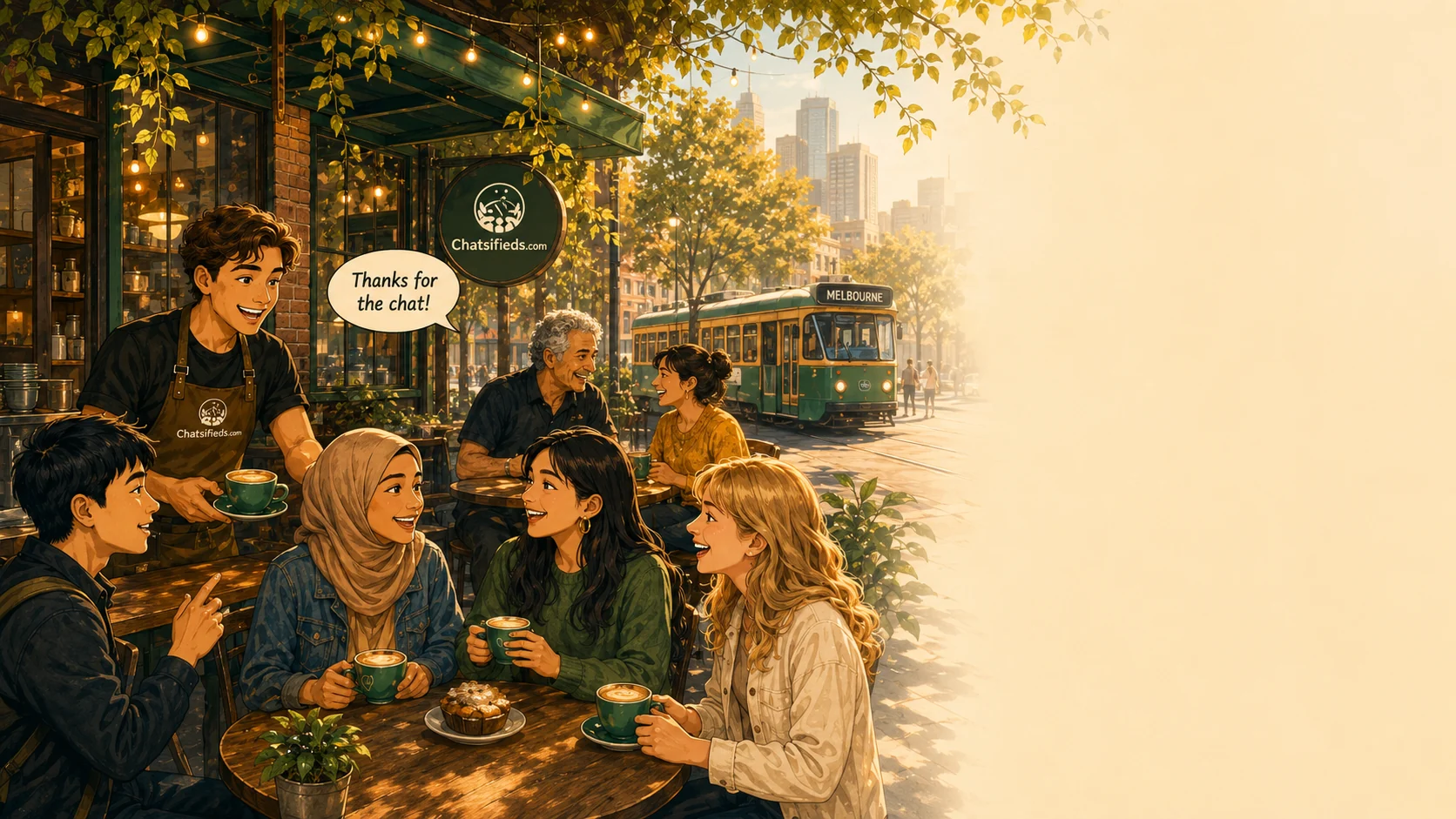 Diverse learners practising English together in a Melbourne laneway café