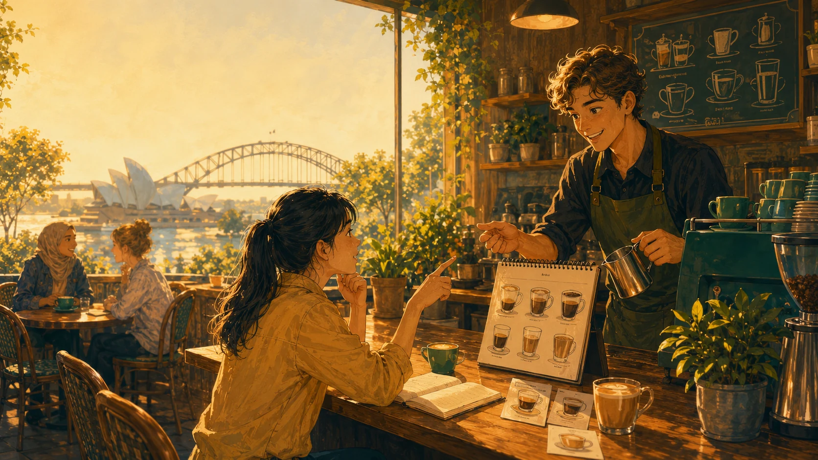 Chatsifieds Australian café English glossary hero showing a barista helping a learner understand coffee vocabulary.