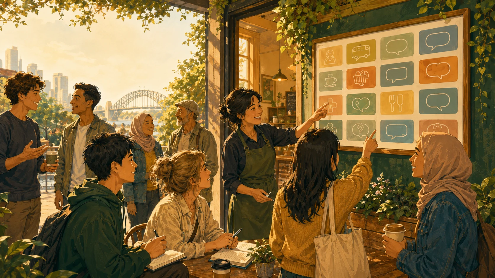 Chatsifieds community hero showing diverse learners practising useful English phrases together in Australia.
